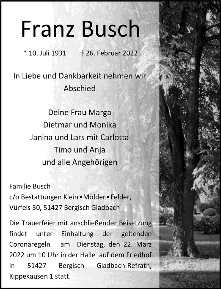  Traueranzeige für Franz Busch vom 11.03.2022 aus  Bergisches Handelsblatt 