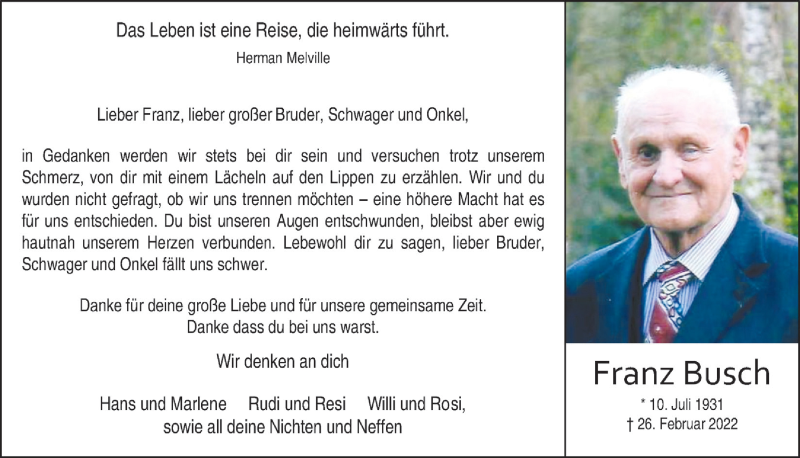  Traueranzeige für Franz Busch vom 11.03.2022 aus  Bergisches Handelsblatt 