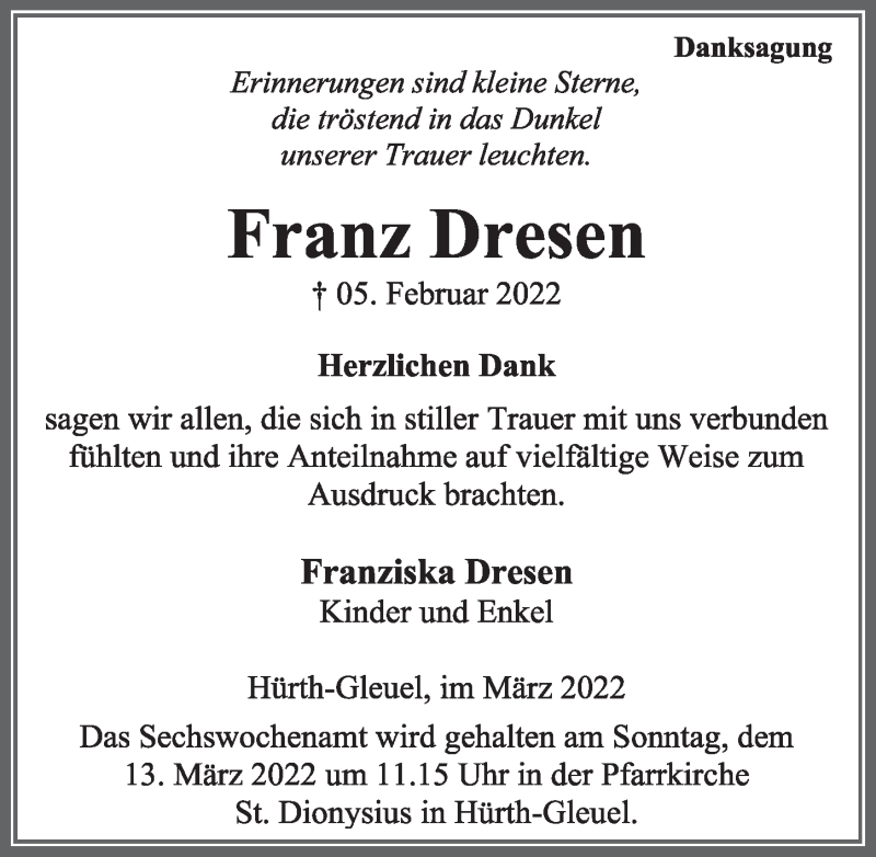  Traueranzeige für Franz Dresen vom 04.03.2022 aus  Wochenende 