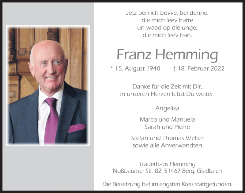  Traueranzeige für Franz Hemming vom 04.03.2022 aus  Bergisches Handelsblatt 