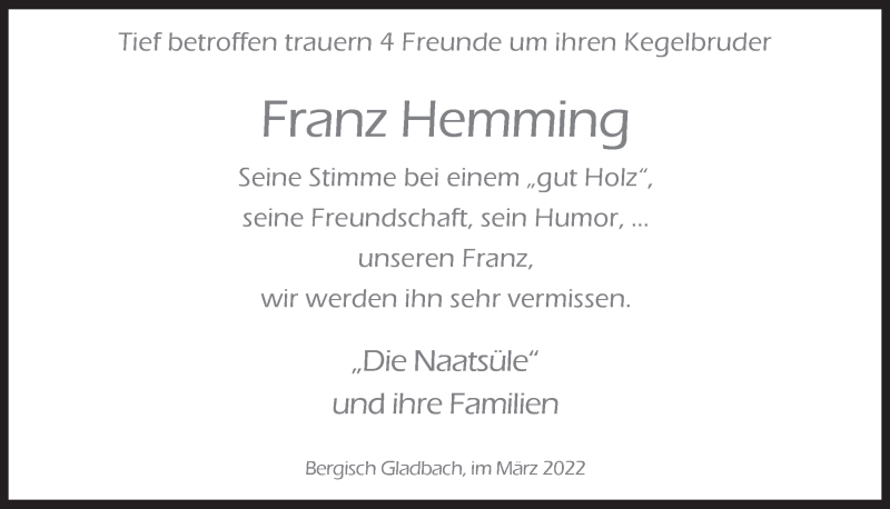  Traueranzeige für Franz Hemming vom 04.03.2022 aus  Bergisches Handelsblatt 