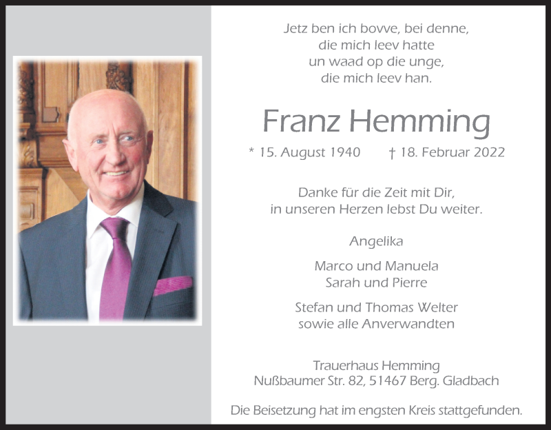  Traueranzeige für Franz Hemming vom 05.03.2022 aus Kölner Stadt-Anzeiger / Kölnische Rundschau / Express