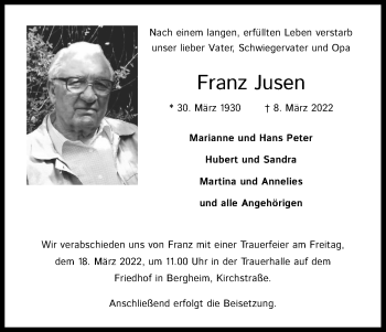 Anzeige von Franz Jusen von Kölner Stadt-Anzeiger / Kölnische Rundschau / Express