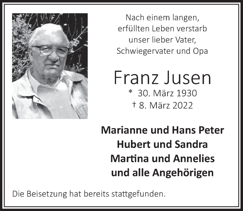  Traueranzeige für Franz Jusen vom 18.03.2022 aus  Werbepost 