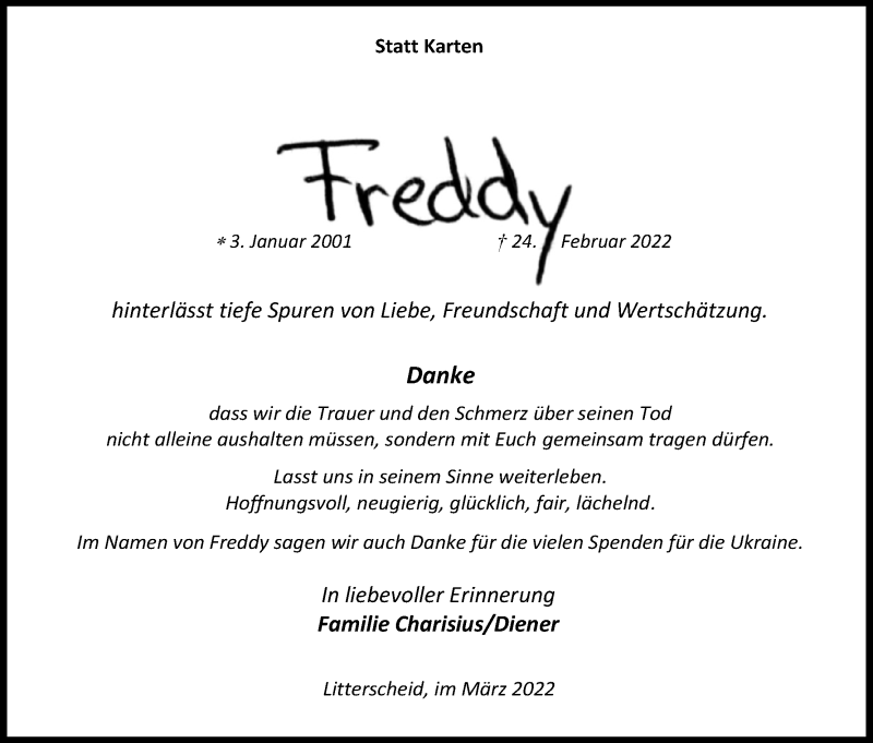  Traueranzeige für Freddy  vom 30.03.2022 aus Kölner Stadt-Anzeiger / Kölnische Rundschau / Express