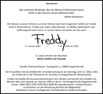 Anzeige von Freddy  von Kölner Stadt-Anzeiger / Kölnische Rundschau / Express
