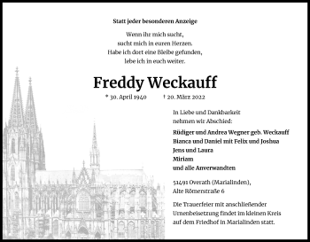 Anzeige von Freddy Weckauff von Kölner Stadt-Anzeiger / Kölnische Rundschau / Express