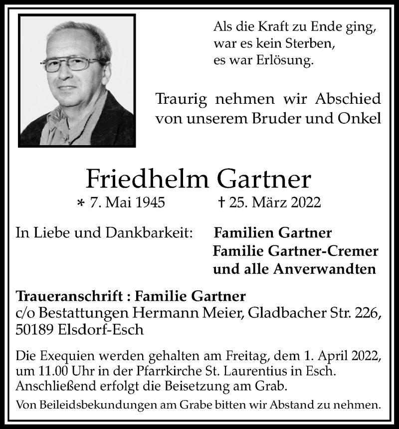  Traueranzeige für Friedhelm Gartner vom 30.03.2022 aus Kölner Stadt-Anzeiger / Kölnische Rundschau / Express