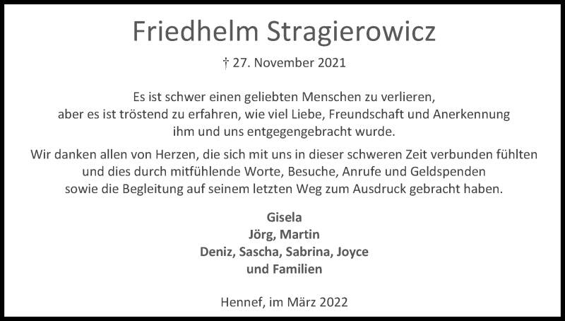  Traueranzeige für Friedhelm Stragierowicz vom 12.03.2022 aus Kölner Stadt-Anzeiger / Kölnische Rundschau / Express