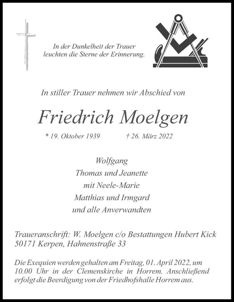  Traueranzeige für Friedrich Moelgen vom 30.03.2022 aus Kölner Stadt-Anzeiger / Kölnische Rundschau / Express
