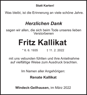 Anzeige von Fritz Kallikat von  Lokalanzeiger 