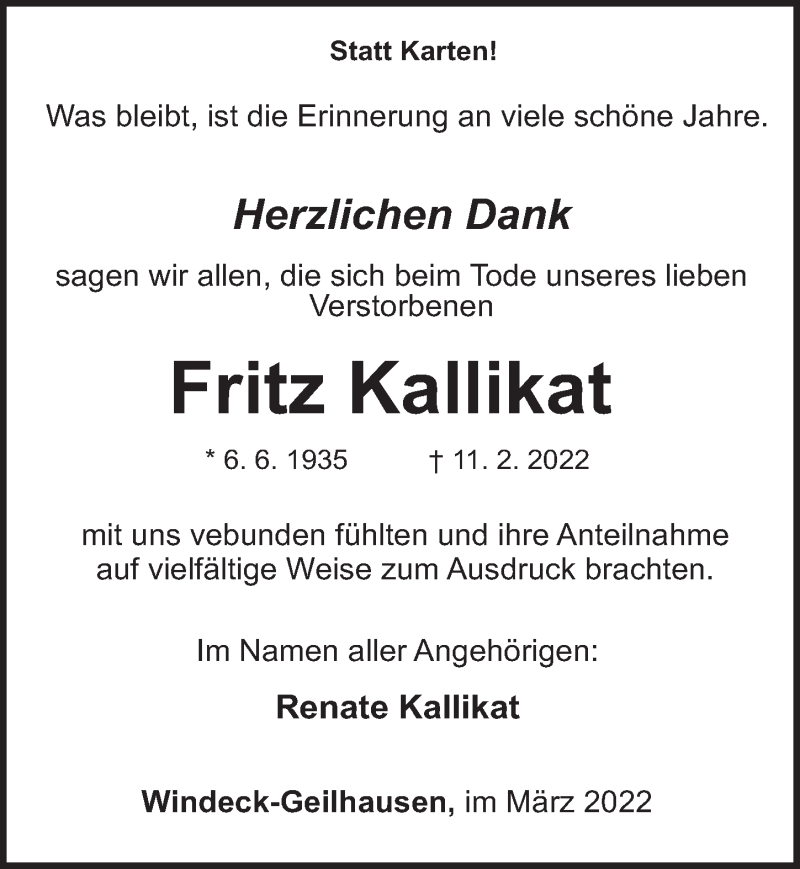  Traueranzeige für Fritz Kallikat vom 25.03.2022 aus  Lokalanzeiger 