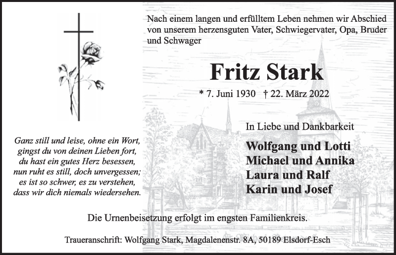  Traueranzeige für Fritz Stark vom 01.04.2022 aus  Werbepost 