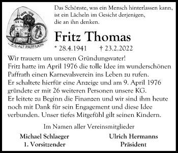 Anzeige von Fritz Thomas von Kölner Stadt-Anzeiger / Kölnische Rundschau / Express