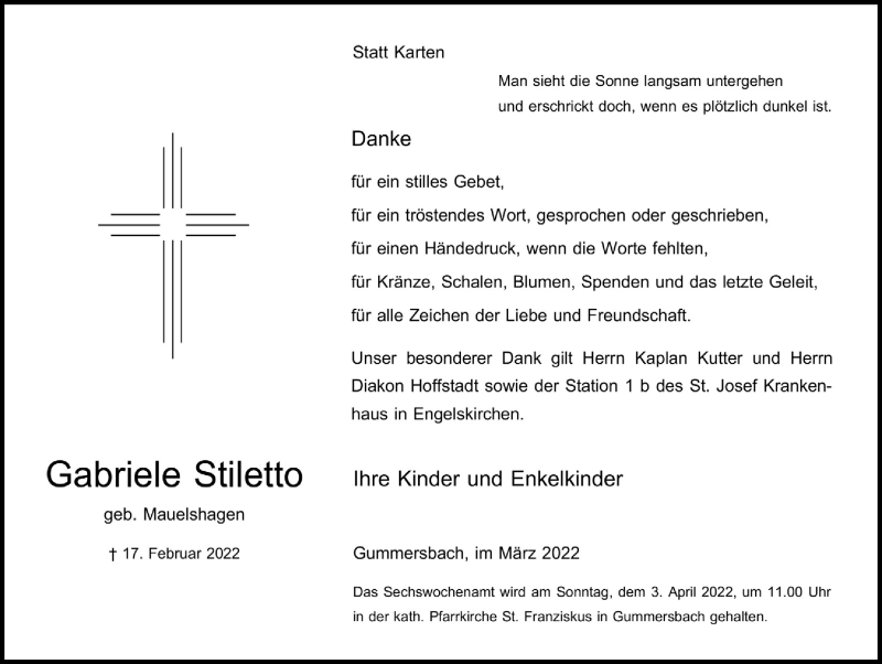  Traueranzeige für Gabriele Stiletto vom 25.03.2022 aus  Anzeigen Echo 