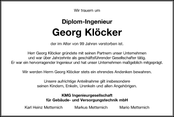 Anzeige von Georg Klöcker von Kölner Stadt-Anzeiger / Kölnische Rundschau / Express