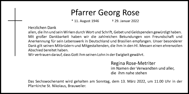  Traueranzeige für Georg Rose vom 05.03.2022 aus Kölner Stadt-Anzeiger / Kölnische Rundschau / Express