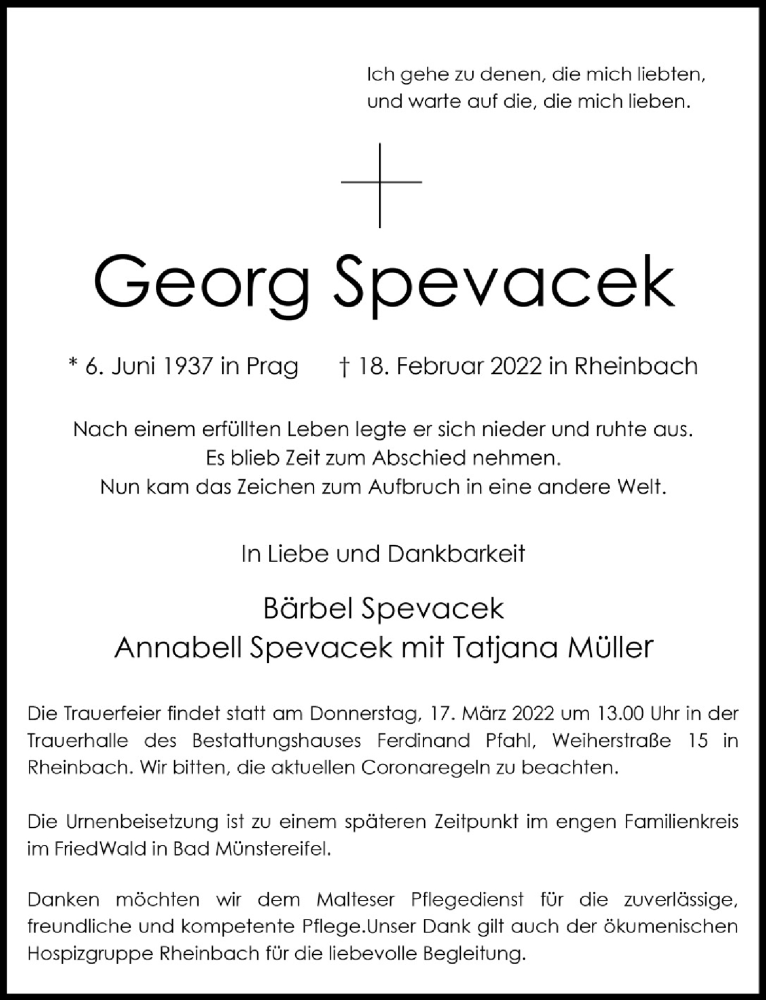  Traueranzeige für Georg Spevacek vom 04.03.2022 aus  Schaufenster/Blickpunkt 