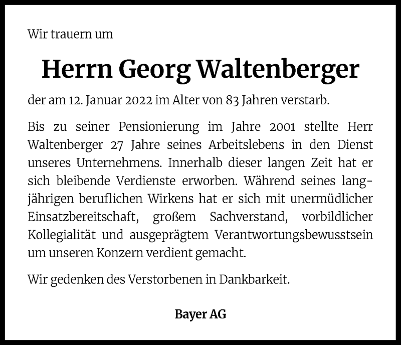  Traueranzeige für Georg Waltenberger vom 25.03.2022 aus Kölner Stadt-Anzeiger / Kölnische Rundschau / Express