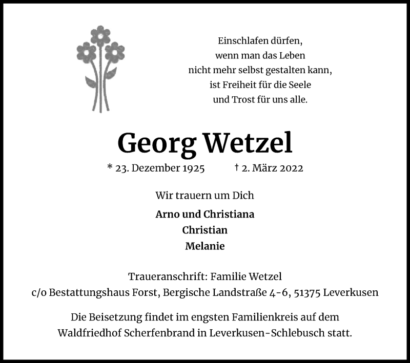  Traueranzeige für Georg Wetzel vom 12.03.2022 aus Kölner Stadt-Anzeiger / Kölnische Rundschau / Express