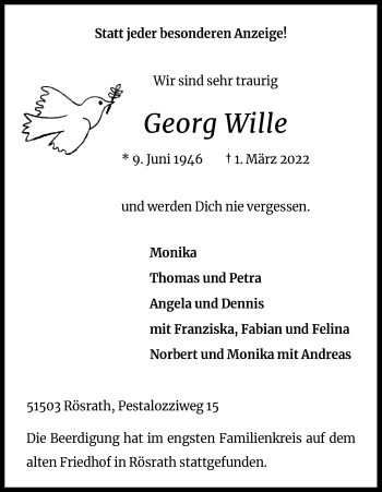 Anzeige von Georg Wille von Kölner Stadt-Anzeiger / Kölnische Rundschau / Express
