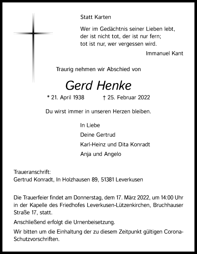  Traueranzeige für Gerd Henke vom 12.03.2022 aus Kölner Stadt-Anzeiger / Kölnische Rundschau / Express