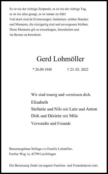 Anzeige von Gerd Lohmöller von Kölner Stadt-Anzeiger / Kölnische Rundschau / Express