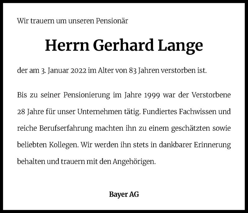  Traueranzeige für Gerhard Lange vom 19.03.2022 aus Kölner Stadt-Anzeiger / Kölnische Rundschau / Express
