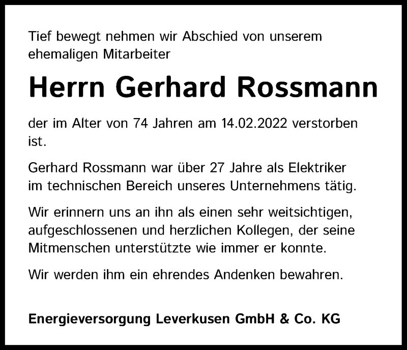  Traueranzeige für Gerhard Rossmann vom 05.03.2022 aus Kölner Stadt-Anzeiger / Kölnische Rundschau / Express
