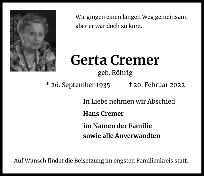  Traueranzeige für Gerta Cremer vom 12.03.2022 aus Kölner Stadt-Anzeiger / Kölnische Rundschau / Express
