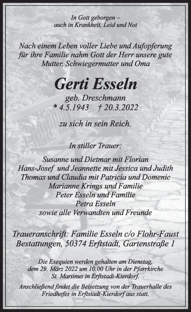  Traueranzeige für Gerti Esseln vom 25.03.2022 aus  Werbepost 
