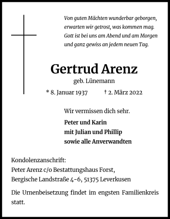 Anzeige von Gertrud Arenz von Kölner Stadt-Anzeiger / Kölnische Rundschau / Express
