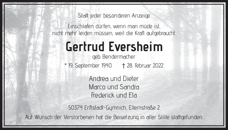  Traueranzeige für Gertrud Eversheim vom 11.03.2022 aus  Werbepost 