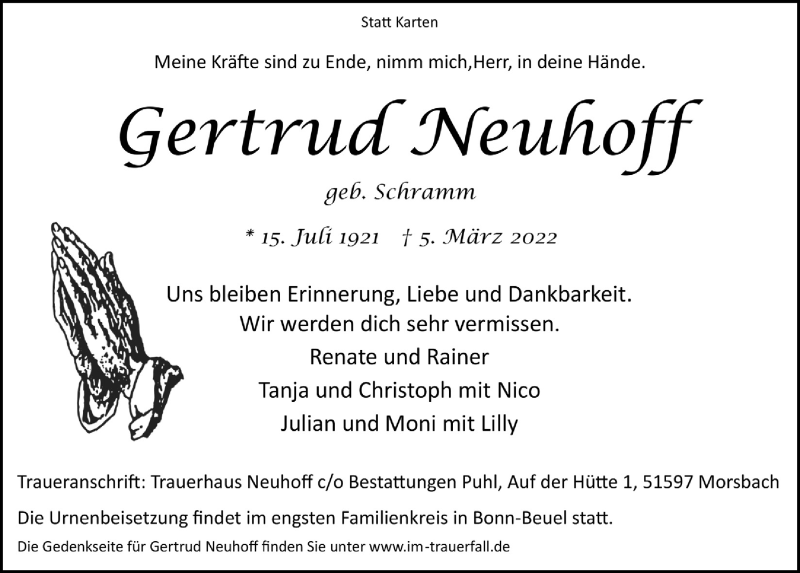  Traueranzeige für Gertrud Neuhoff vom 11.03.2022 aus  Lokalanzeiger 