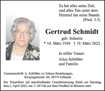 Anzeige von Gertrud Schmidt von  Werbepost 