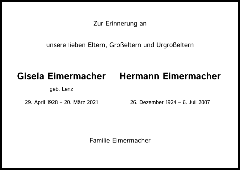  Traueranzeige für Gisela Eimermacher vom 19.03.2022 aus Kölner Stadt-Anzeiger / Kölnische Rundschau / Express