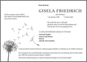 Anzeige von Gisela Friedrich von Kölner Stadt-Anzeiger / Kölnische Rundschau / Express