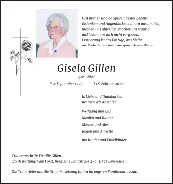 Anzeige von Gisela Gillen von Kölner Stadt-Anzeiger / Kölnische Rundschau / Express