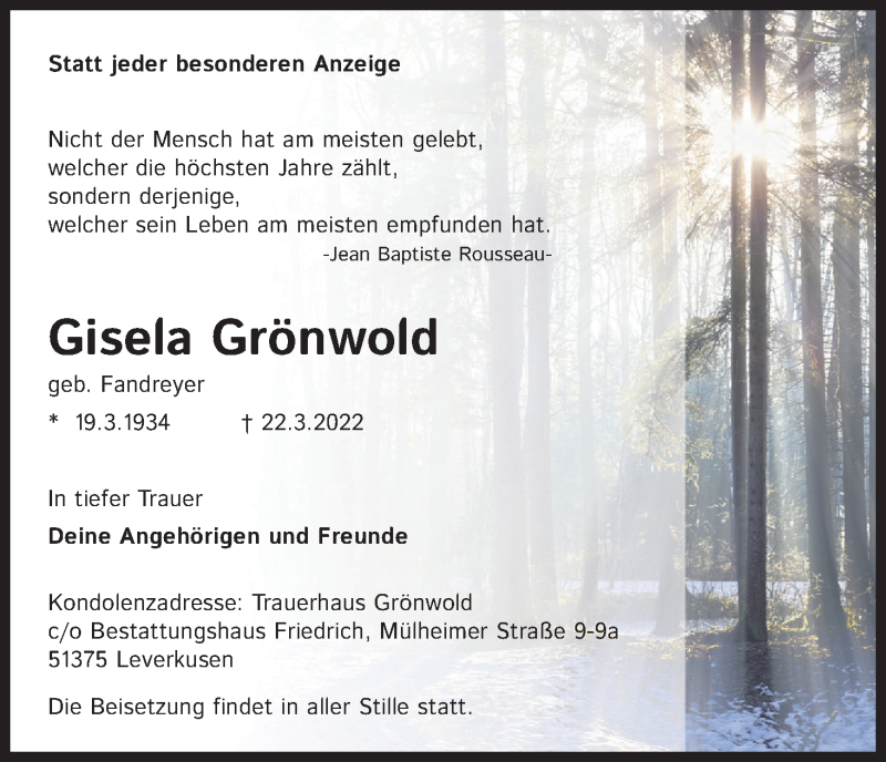  Traueranzeige für Gisela Grönwold vom 26.03.2022 aus Kölner Stadt-Anzeiger / Kölnische Rundschau / Express