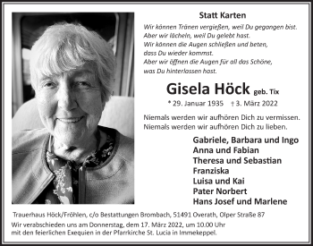 Anzeige von Gisela Höck von  Bergisches Handelsblatt 