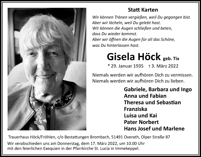  Traueranzeige für Gisela Höck vom 15.03.2022 aus Kölner Stadt-Anzeiger / Kölnische Rundschau / Express