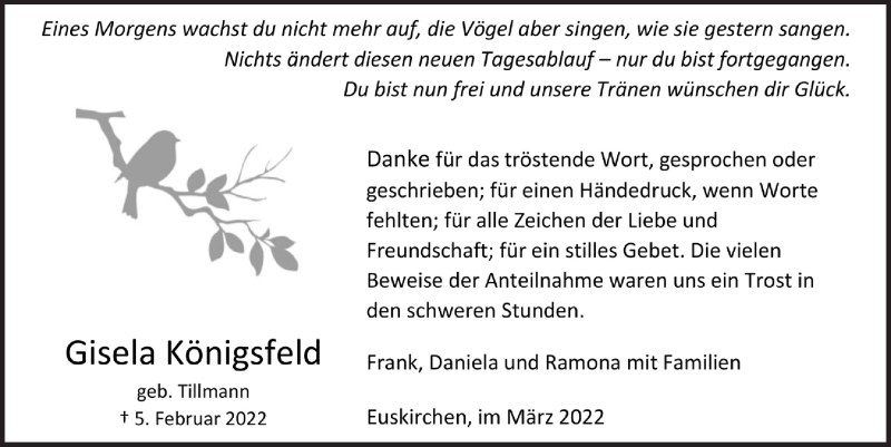  Traueranzeige für Gisela Königsfeld vom 19.03.2022 aus  Blickpunkt Euskirchen 