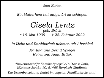 Anzeige von Gisela Lentz von Kölner Stadt-Anzeiger / Kölnische Rundschau / Express