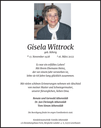 Anzeige von Gisela Wittrock von Kölner Stadt-Anzeiger / Kölnische Rundschau / Express