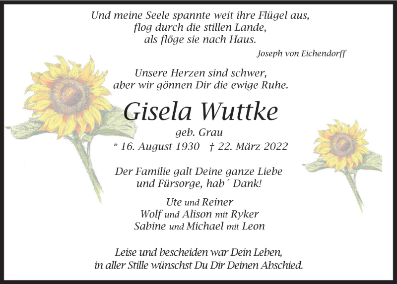  Traueranzeige für Gisela Wuttke vom 01.04.2022 aus  Bergisches Handelsblatt 