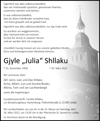 Anzeige von Gjyle Shllaku von Kölner Stadt-Anzeiger / Kölnische Rundschau / Express