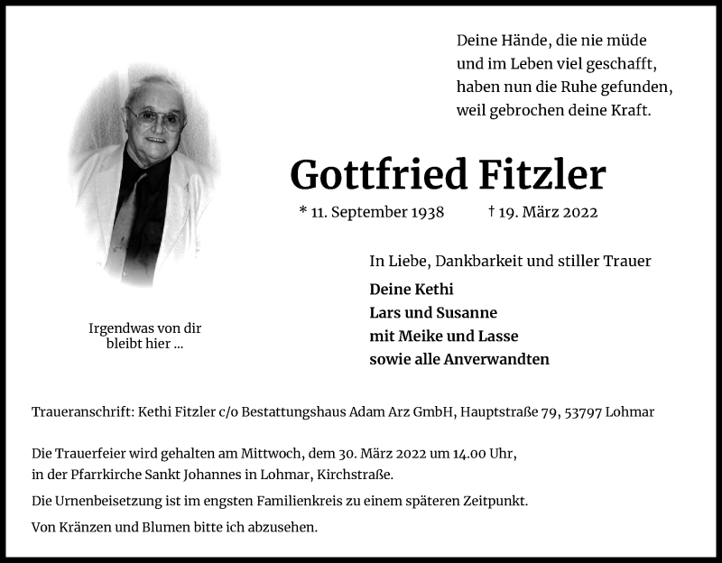  Traueranzeige für Gottfried Fitzler vom 26.03.2022 aus Kölner Stadt-Anzeiger / Kölnische Rundschau / Express