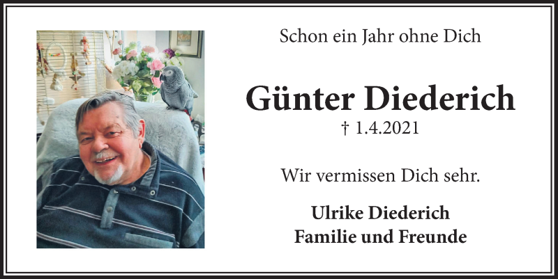  Traueranzeige für Günter Diederich vom 01.04.2022 aus  Schlossbote/Werbekurier 
