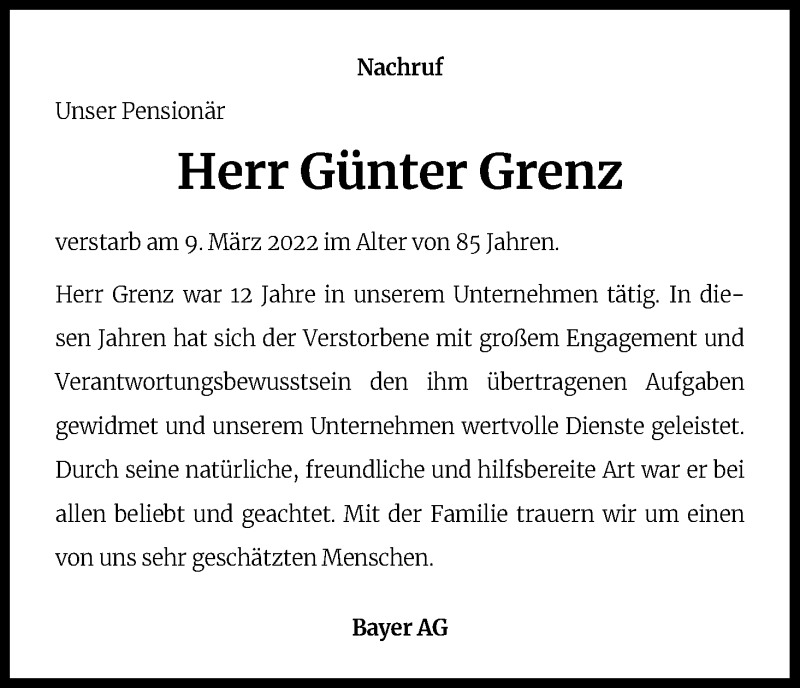  Traueranzeige für Günter Grenz vom 30.03.2022 aus Kölner Stadt-Anzeiger / Kölnische Rundschau / Express