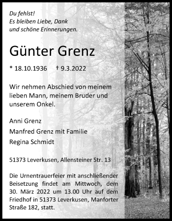 Anzeige von Günter Grenz von Kölner Stadt-Anzeiger / Kölnische Rundschau / Express